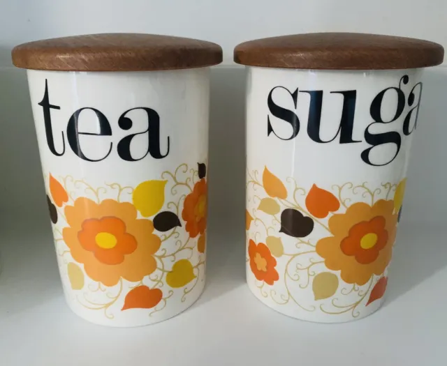 Vintage Crown Devon Carnaby Daisy Tea & Sugar Canisters 60's Mary Quant