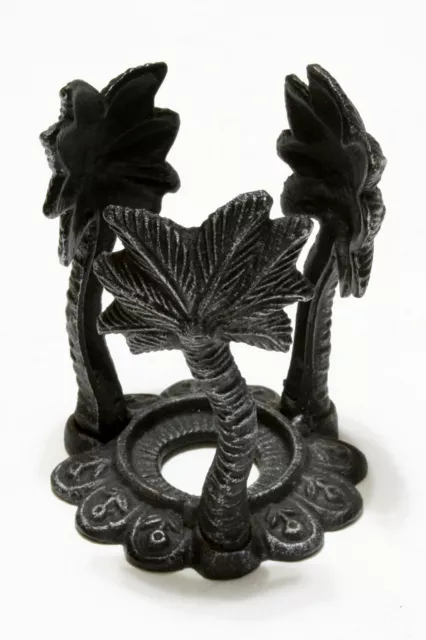Vintage Globe Sphere Orb Display Holder Black Cast Iron Ornate Palm Trees 4"