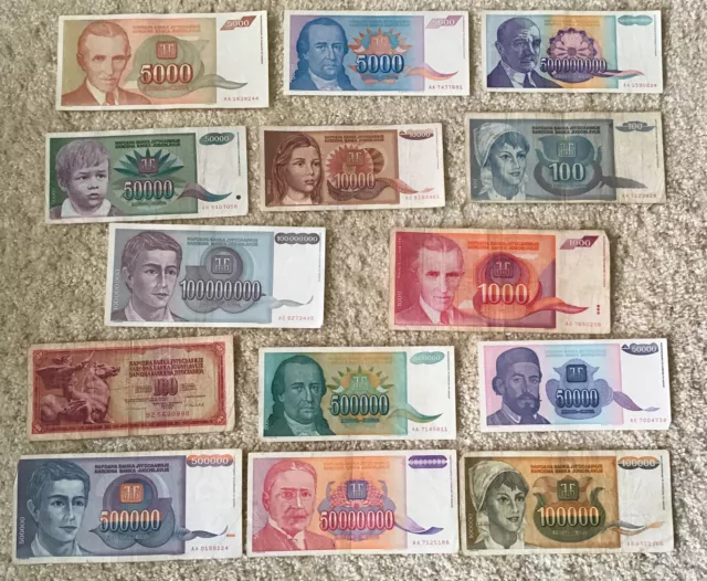 Lot Of 14 X Yugoslavia Banknotes. All Different Set. Circulated Notes.