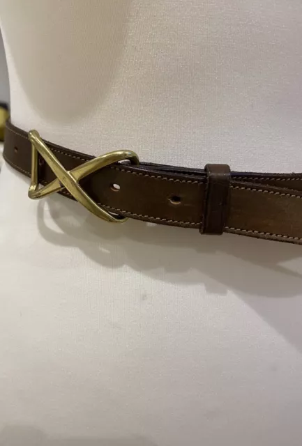 Vtg DKNY Dress Belt Women S Tan Brown Leather Skinny Brass Logo Adj Hook Buckle