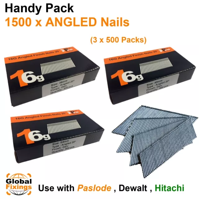 1500 mixed pack- size 38mm,45mm,63mm 16g ANGLED 20° - for Dewalt,Paslode,Hitachi