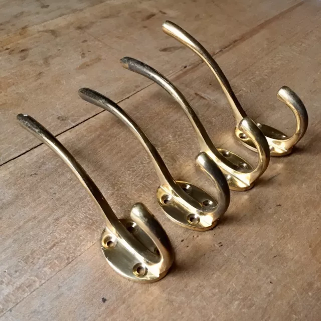 Set Of 4 Vintage Brass Double Coat Hooks Victorian Style Reclaimed Old
