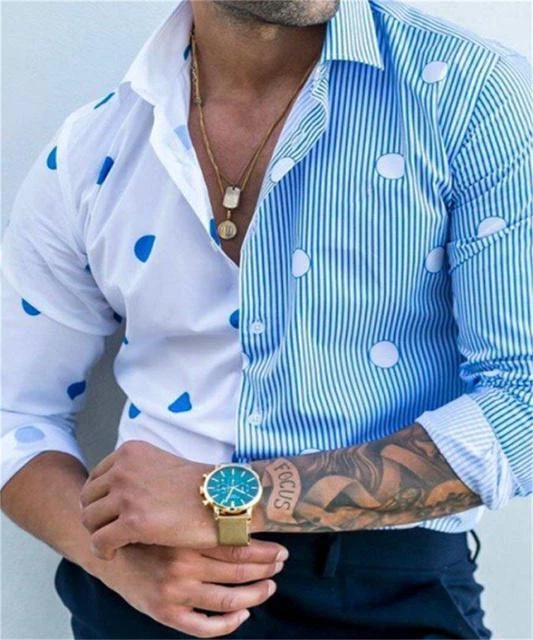 Button Down Shirt Men Light Blue White Polka Dot Long Sleeve Fashion Top Striped