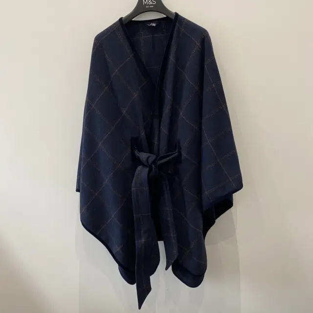 Joules Cape Wrap Womens One Size Blue Check Sabrina Tweed Wool Blend