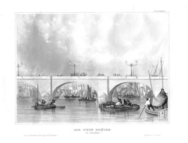 1840 - Nuovo Ponte di Londra Inghilterra Gran Britain Incisione Acciaio