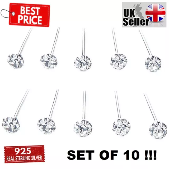 10 x Sterling Silver I Shape Small Tiny Nose Stud Earrings Set Pack Pin Real 925