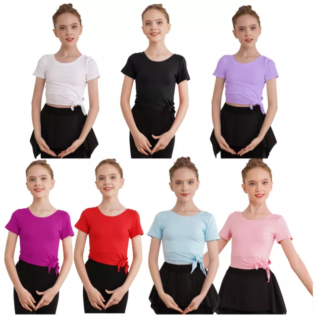 T-shirt top bambina tinta unita vestibilità slim abbigliamento da ballo esercizio maniche corte