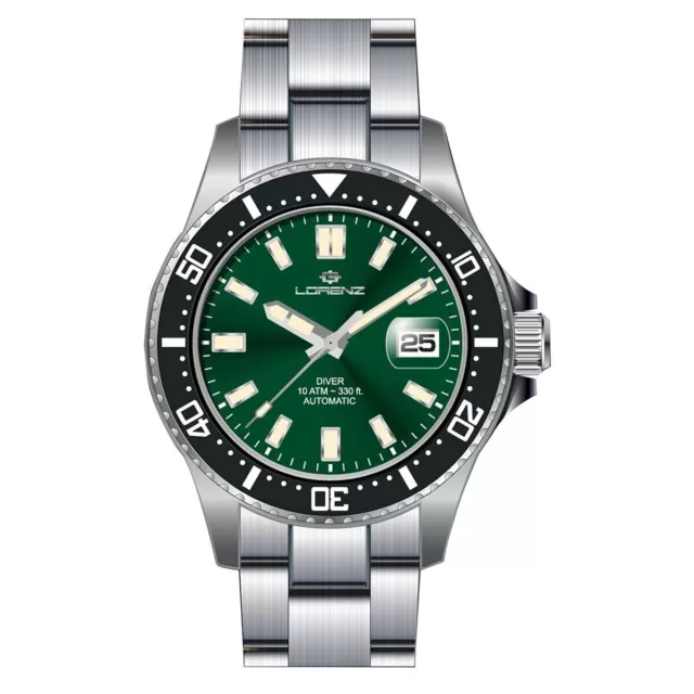 Orologio Automatico Uomo LORENZ 28185DD Bracciale Acciaio Verde Sub 100mt