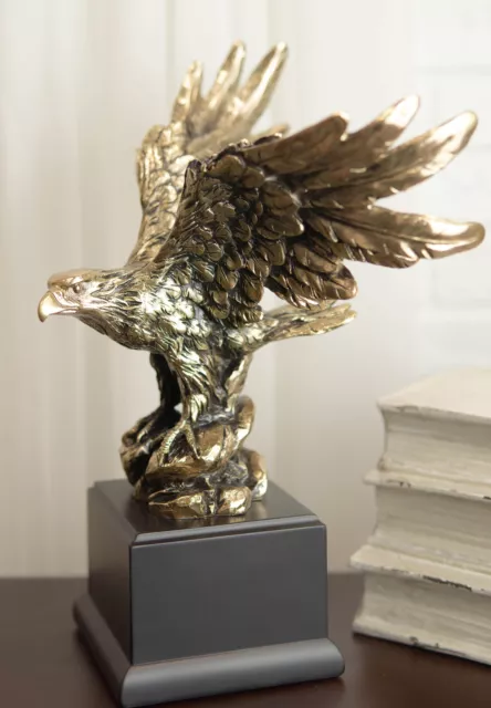 Ebros Bald Eagle W/ Open Wings On Rock Gold Electroplated Resin Statue 11.5"H