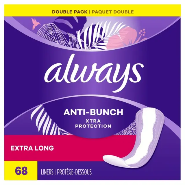 Always Anti-Bunch Xtra Protection Daily Liners Extra Long Unscented, 68 Count