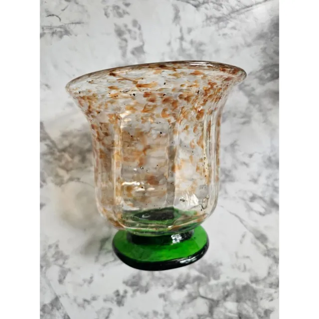 Gorgeous Vintage Blown Art Glass Hurricane Vase/Votive Green Base Tan Splatter