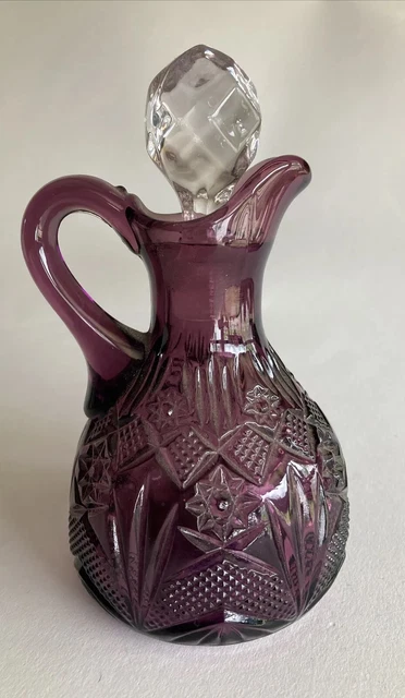 vtg sandwich Pressed Purple Amethyst glass cruet Stopper 7” Tall