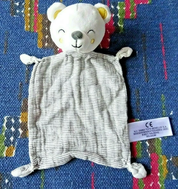 4Pa/  Doudou Plat Simba Ours Lange Blanc Gris  Raye Jaune  Etat Neuf