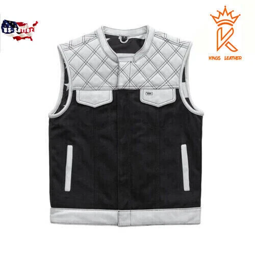 Men's Black/White Leather Denim Vest USA Flag Inner Bike Riding Vest