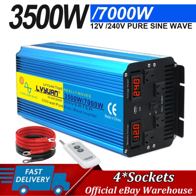 3500W 7000W Pure Sine Wave Power Inverter DC 12v to AC 240v Converter 4 Sockets