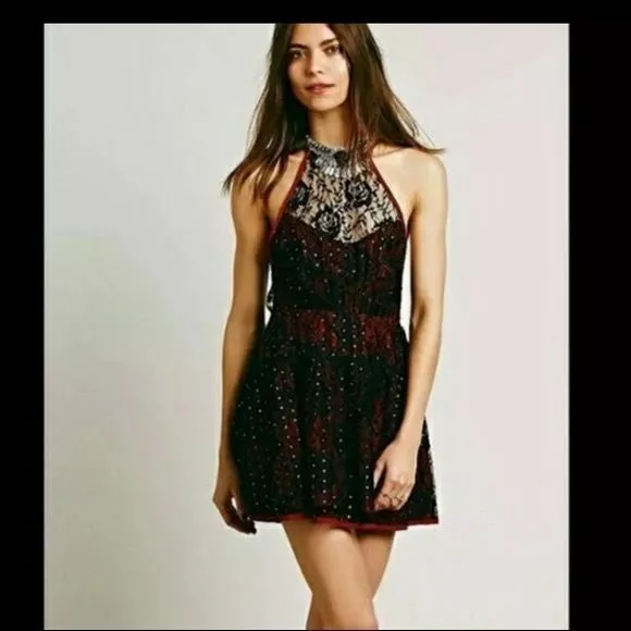 Free People Black Red Lace Deco Mini Cocktail Halter Sequin Dress Short Size 12