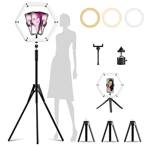Luz de anillo led de 18" con soporte y soporte para teléfono, luz regulable selfie de 3200-7000k
