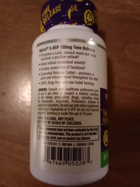 Natrol 5-HTP Estado de ánimo y tiempo de estrés 100 mg vegetariano 45 tabletas EXP SEP30 24 3