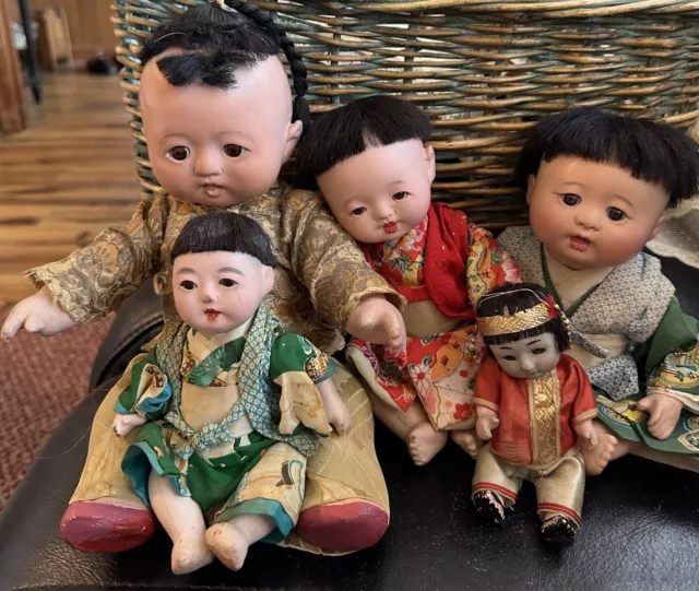 ICHIMATSU*FAMILy*ANTIQUE JAPANESE GOFUN DOLLS* 12” Biggest