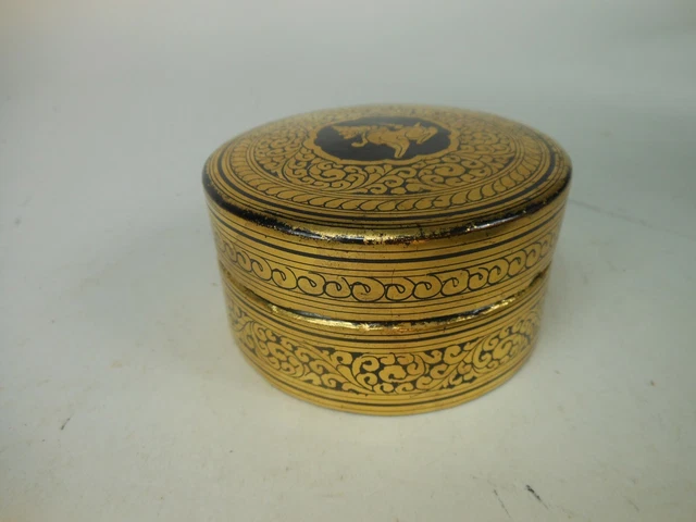 Burmese Round Lacquered Box Black Gold Gilt Lacquer Singha Lion Motif