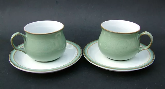 TWO Denby Regency Green Pattern 220ml Tea Cups & Saucers  - Look in VGC