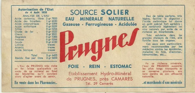 étiquette ancienne eau minérale source de Prugnes à Camarès (Aveyron)