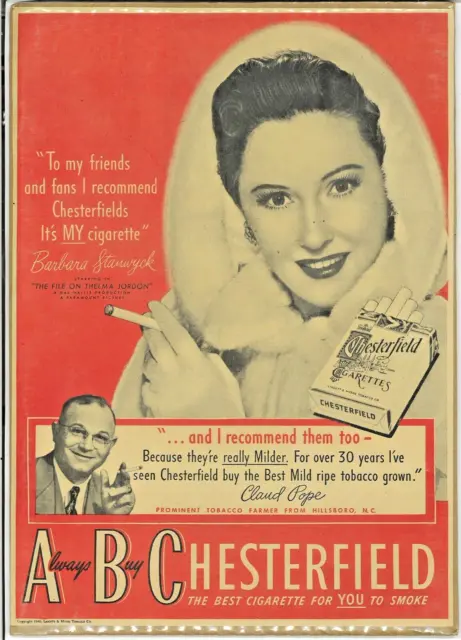Chesterfield Cigarette Smoking Barbara Stanwyck Vintage Print Ad Advertisement