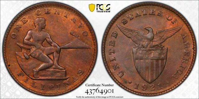 1921 US/Philippines One Centavo PCGS MS64RB Bronze Coin 1C Gold Shield Secure