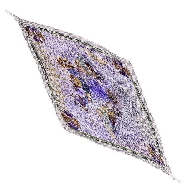 Hermes Scarf Pleated Carre Rencontre Oceane Silk Purple Multi 22M Women 18x52in