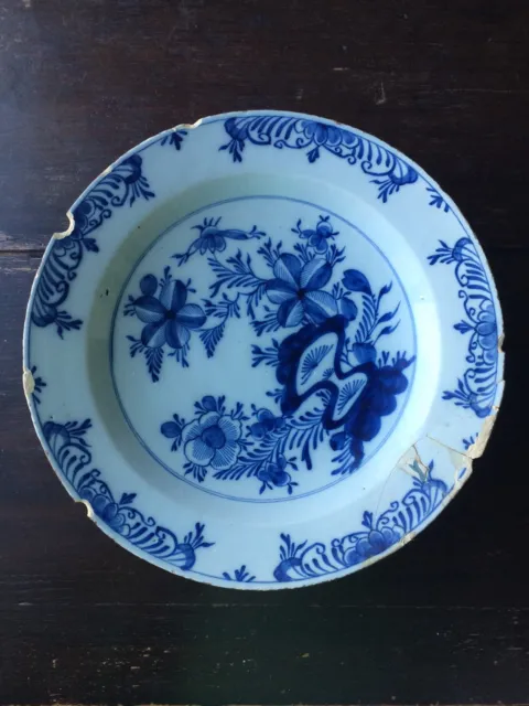 Dutch Delft Charger Antique Blue & White Art Large Plate Floral 14 in. 18th c.