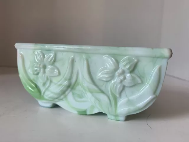 Vintage Akro Agate Green & White Slag Glass Daffodil Flowers Planter #657 USA