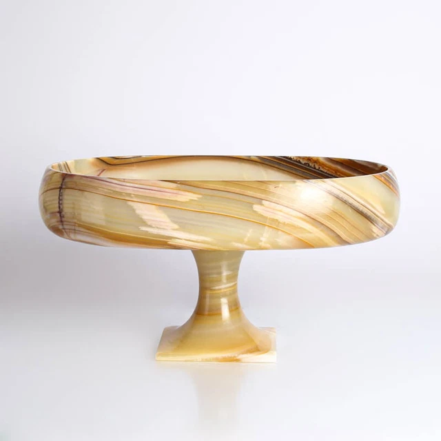 Grande Agata Ciotola con Base Marrone Chiaro Beige Gezogenes Motivo