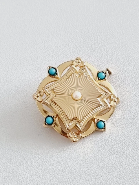 Ancienne Broche En Plaqué Or En Forme De Goutte Avec Fleurs Et Perle - Vintage - Très Bon état