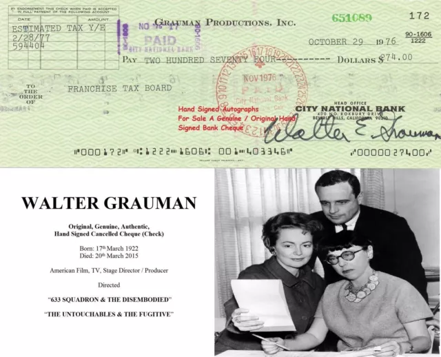 Walter Grauman Tv Film Stage  Director Hand Signed Bank Cheque - 1976  Rare Item