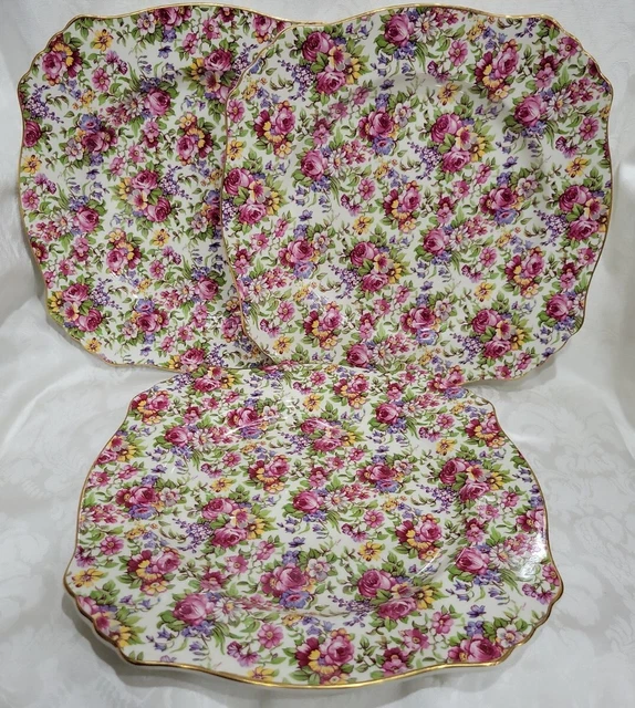3 Royal Winton Summertime Grimwades Rose Chintz Square Dinner Plates England 11"