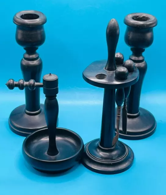 Vintage Real Ebony wood pair of Candlesticks, Ring Holder, manicure set stand