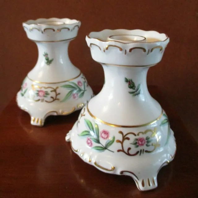 Hollohaza Hungary Hand Painted Set Of Floral Candlesticks 22K Gold Trim