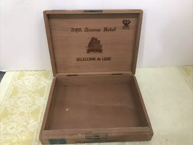 Rare Fifth Avenue Hotel Wood Cigar Box w/ Tax Stamp Dovetail NRA Stamp