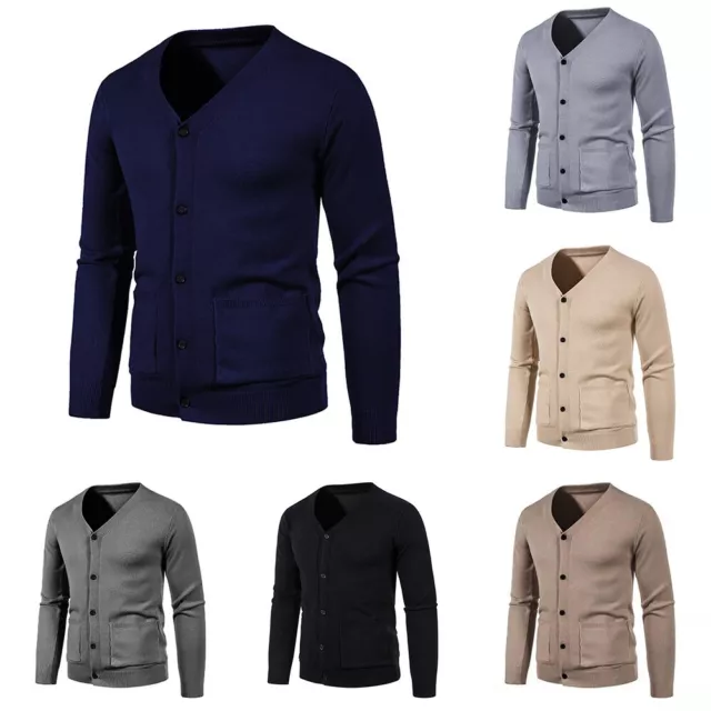 Mens Knitted Cardigan Sweater Solid Color Button Coat Long Sleeve Outerwear