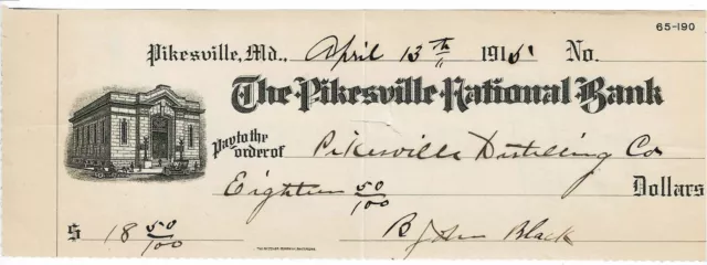 1915 Pikesville, Maryland Pikesville National Bank Check 1915 With Bank Vignette