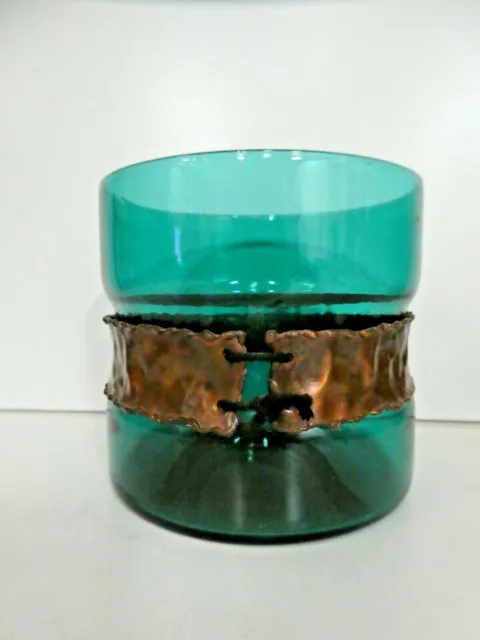 Turquoise Copper Band Glass Vase Mid Century Scandinavian Art Glass Whitefriars