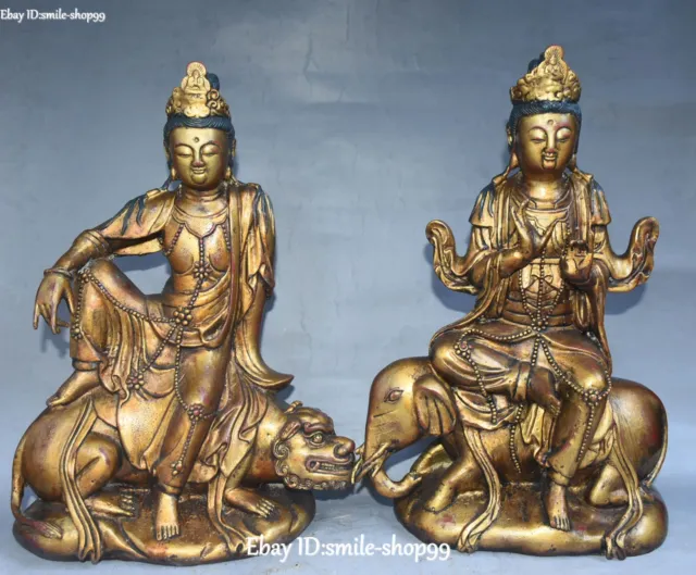 13& PURE BRONZE Wenshu Manjushri Puxian Goddess Buddha Elephant Lion ...
