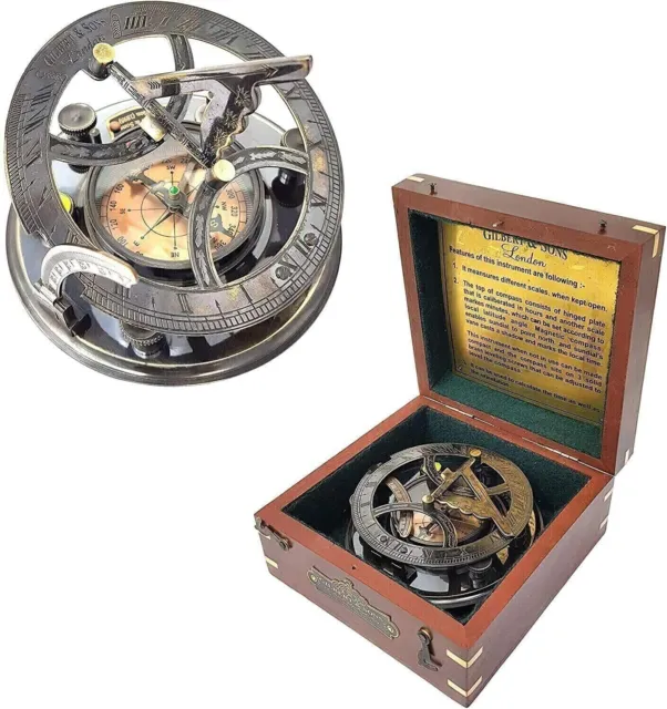 Brújula de reloj de sol de latón antiguo náutico con caja de madera dura...