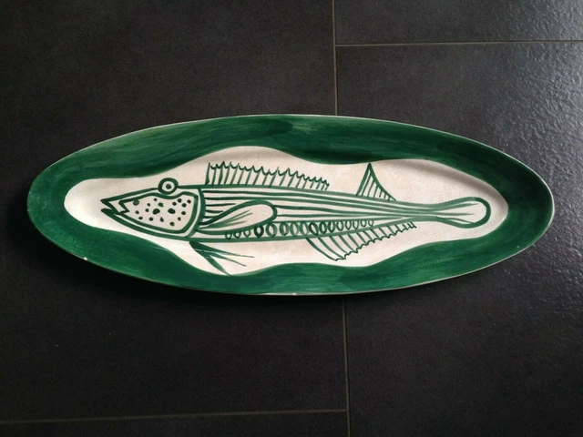 Rare et très Grand plat ovale décor au poisson  Picault Vallauris Vintage