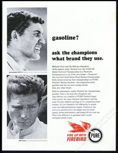 1965 Richard Petty Jim Hall photo Pure Firebird gas vintage print ad