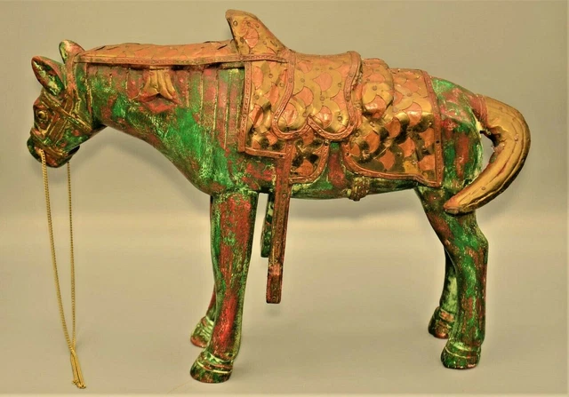 Antique Vintage Chinese Original Wood Carved Horse Copper Saddle Figurine Statue