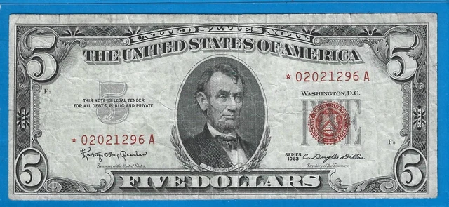 1963 $5 USN Legal Tender,Rare *Star* Note,Red Seal,Circ VF,Nice!