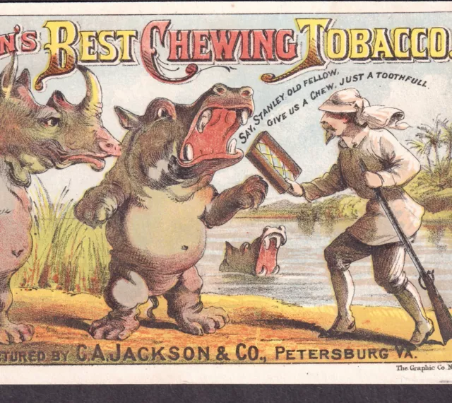 Stanley in AFRICA 19th Century Tobacco Jacksons Best Chew Rhino Hippo Trade Card