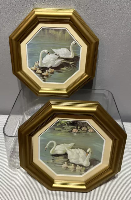 Set Of Vintage HOME INTERIOR Swan with Babies Pictures Octagonal Gold Frames