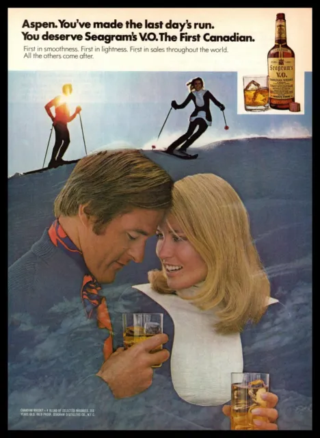 1972 Seagram's VO Canadian Whisky Aspen Snow Ski Resort "The Last Run" Print Ad